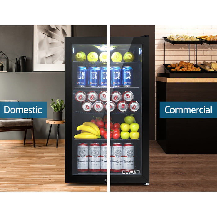 Devanti 98L Bar Fridge Glass Door w/Light Black