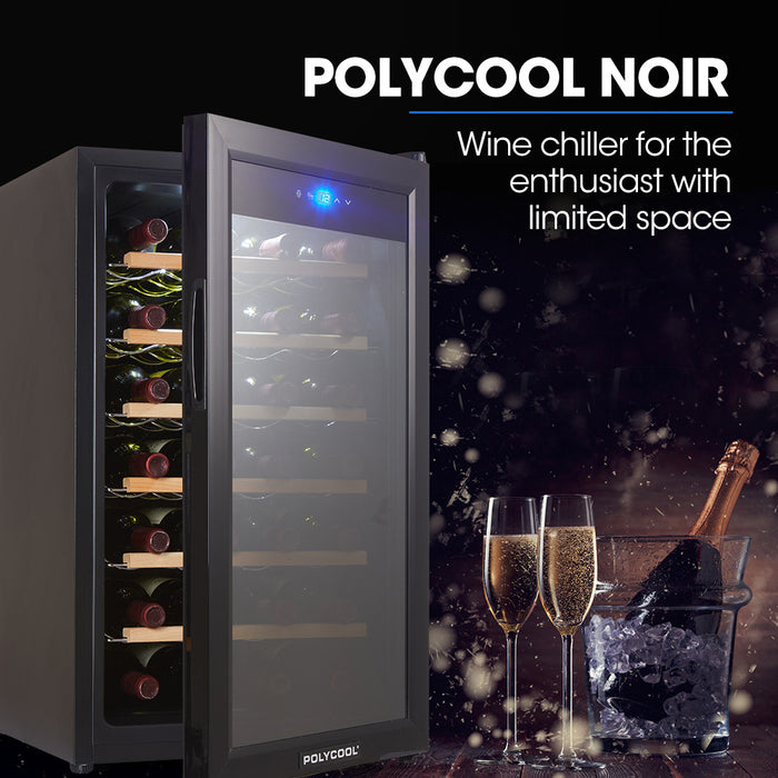 POLYCOOL 72L 28 Bottle Wine Bar Fridge Countertop Cooler Compressor Mirrored Glass Door, Black