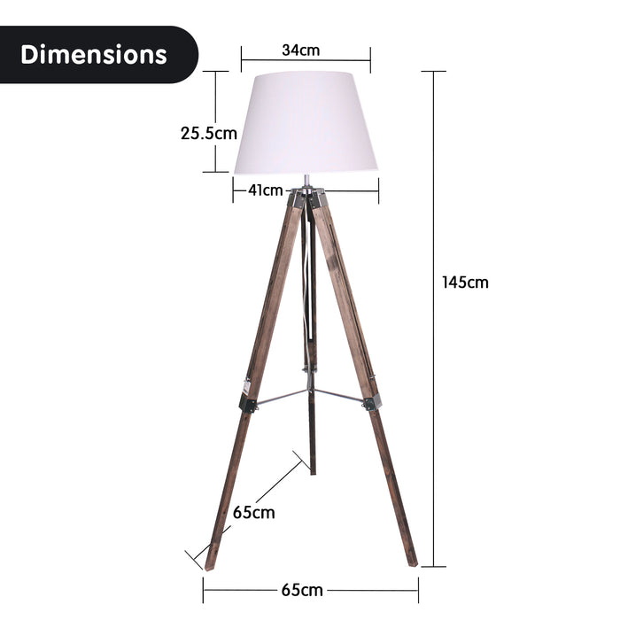 Sarantino Solid Wood Tripod Floor Lamp Adjustable Height White Shade