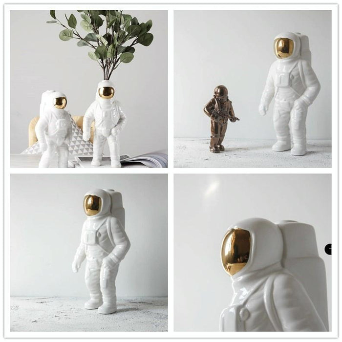 Salute Astronaut Ceramic Vase - Tabletop Decor with Dried Flowers - Silver